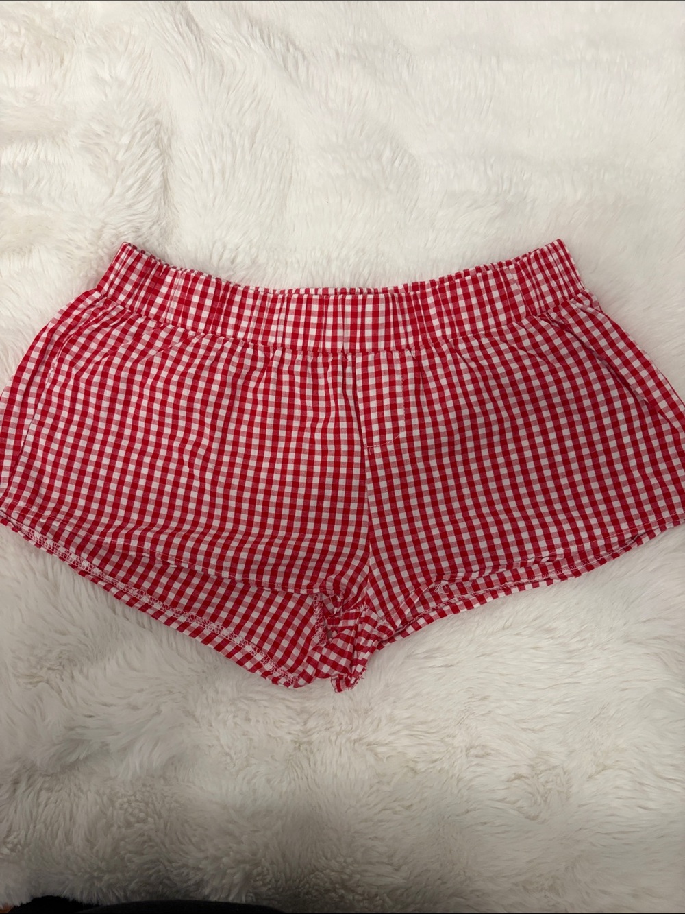 Edikted Red and White Gingham Women's Elastic Waist Shorts